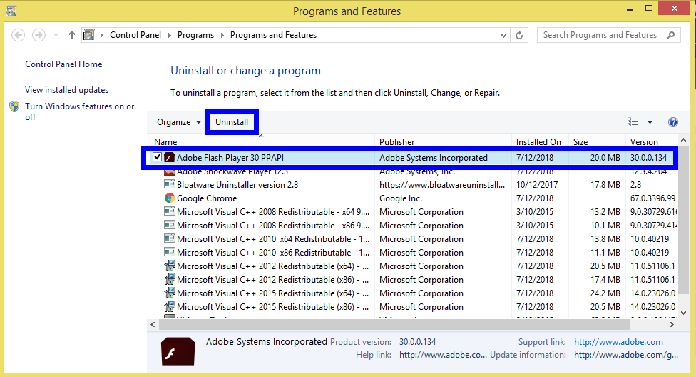 uninstall adobe flash player windows 8.1