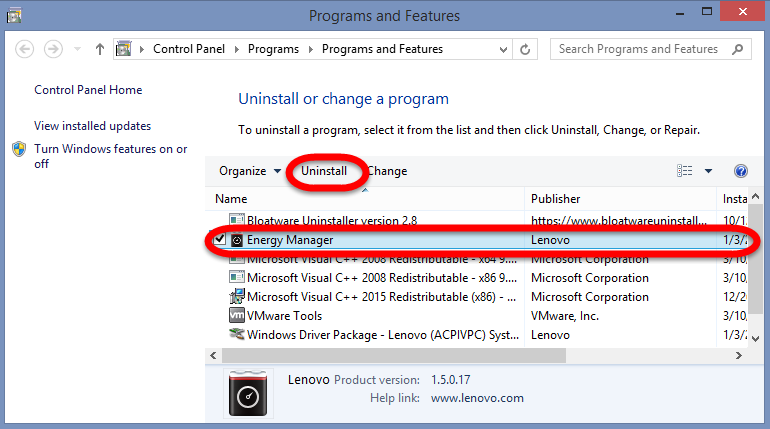 uninstall lenovo energy management windows 10