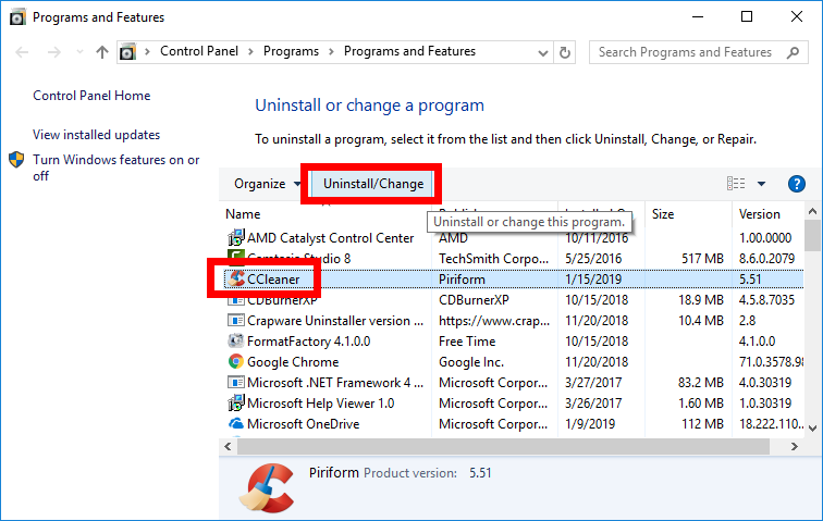 how to uninstall ccleaner from windows 10