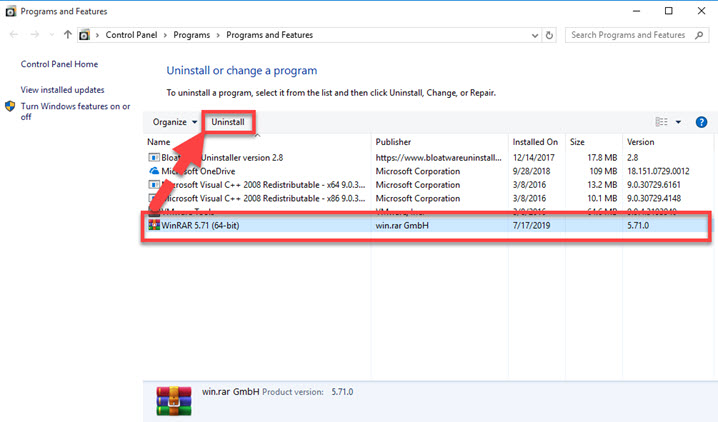 how to uninstall winrar on windows 10