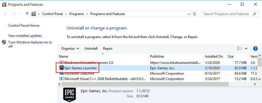 Remove Epic Games Launcher in Windows