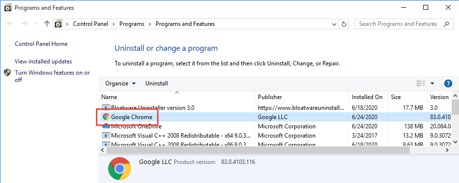 Remove Google Chrome in Windows