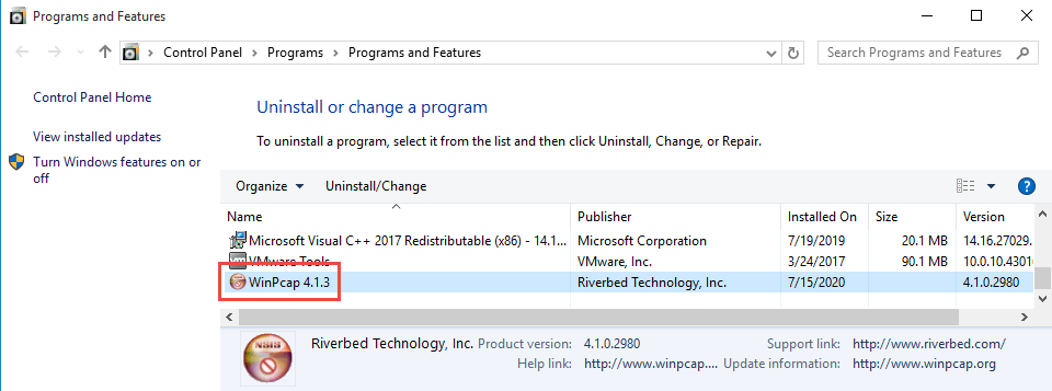 how to uninstall winpcap windows 10