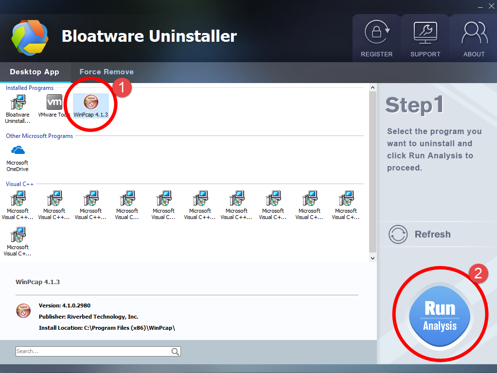 Uninstall WinPcap with Bloatware Uninstaller