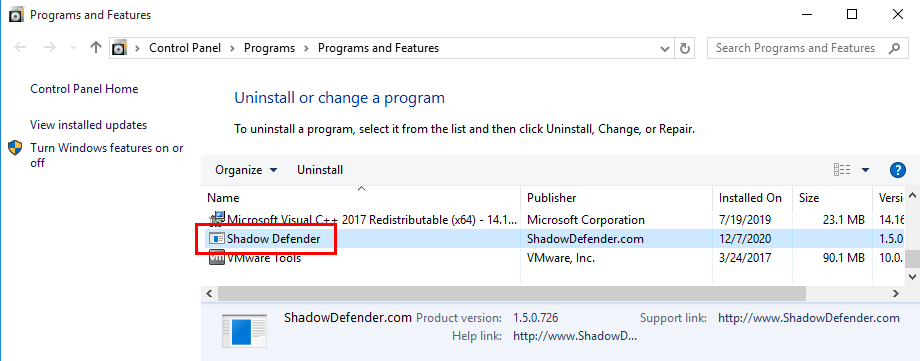 Remove Shadow Defender in Windows 10