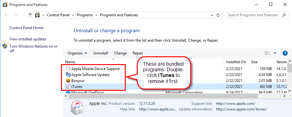 Uninstall iTunes in Windows