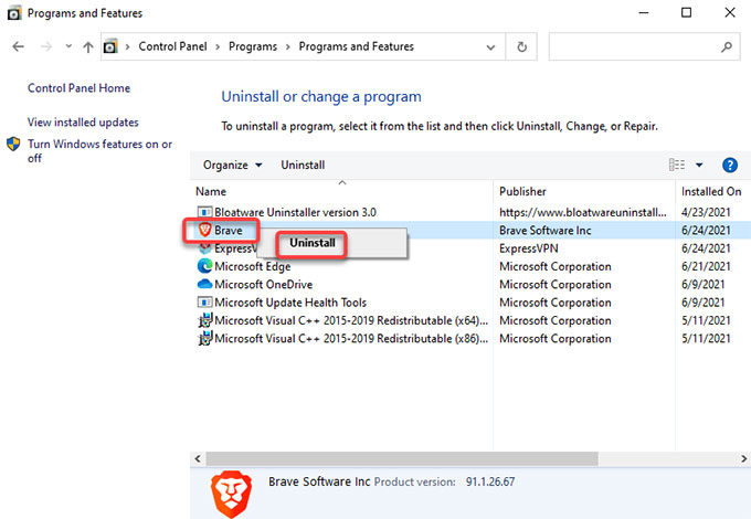 Uninstall Brave