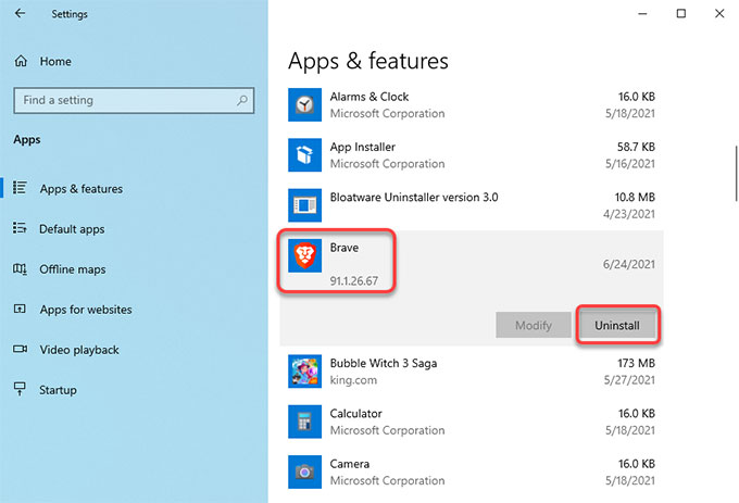 Uninstall Brave on Windows 10
