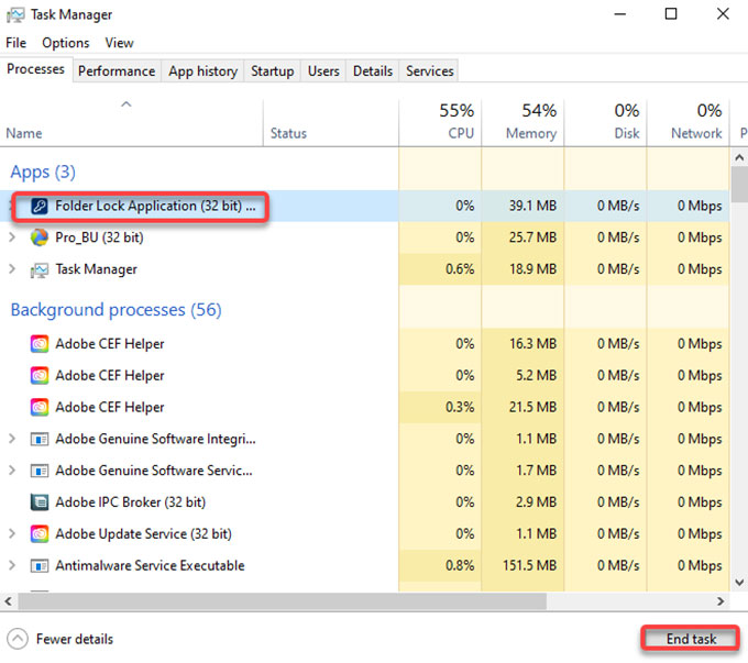 end Folder Lock task