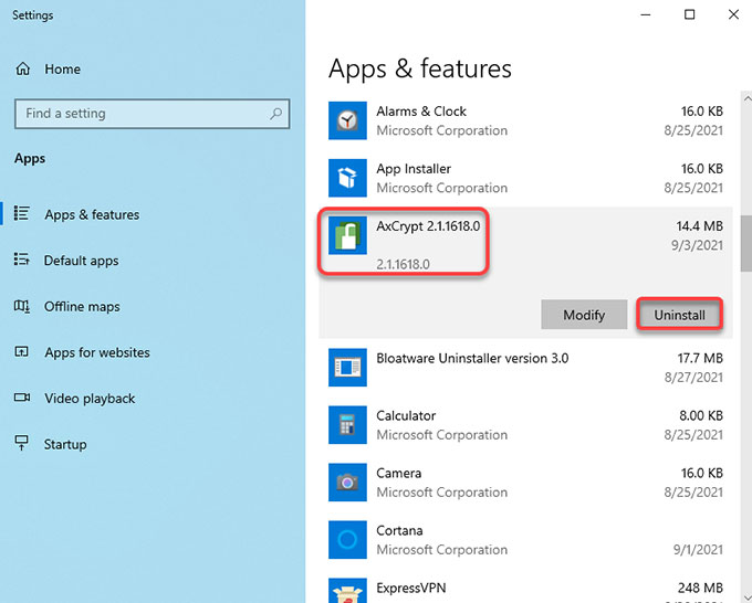 unisntall AxCrypt from Windows 10