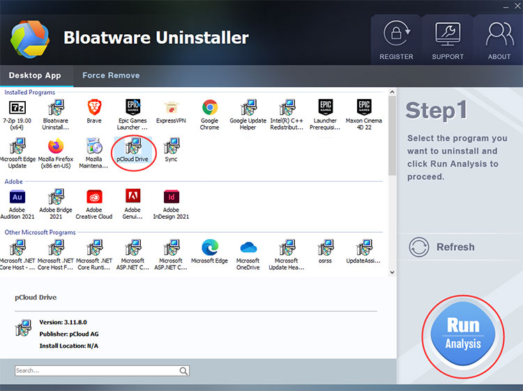 uninstall pCloud with Bloatware Uninstaller