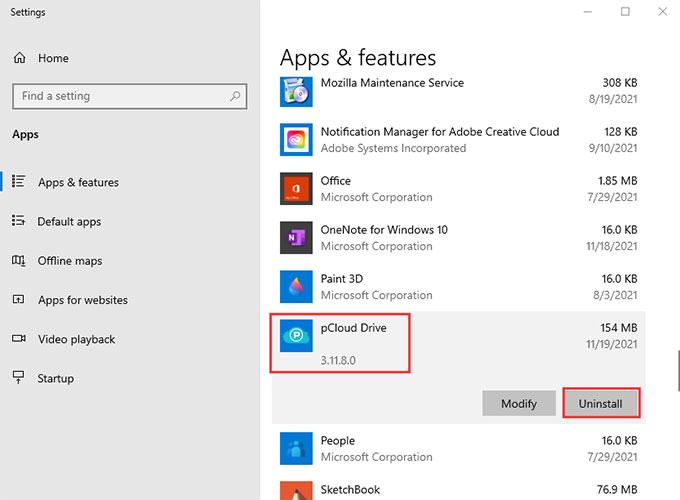 uninstall pCloud