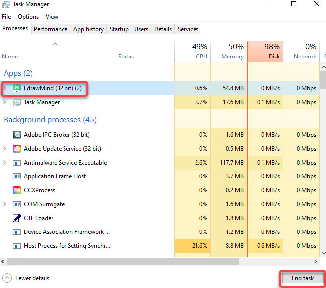 close EdrawMind on Task Manager